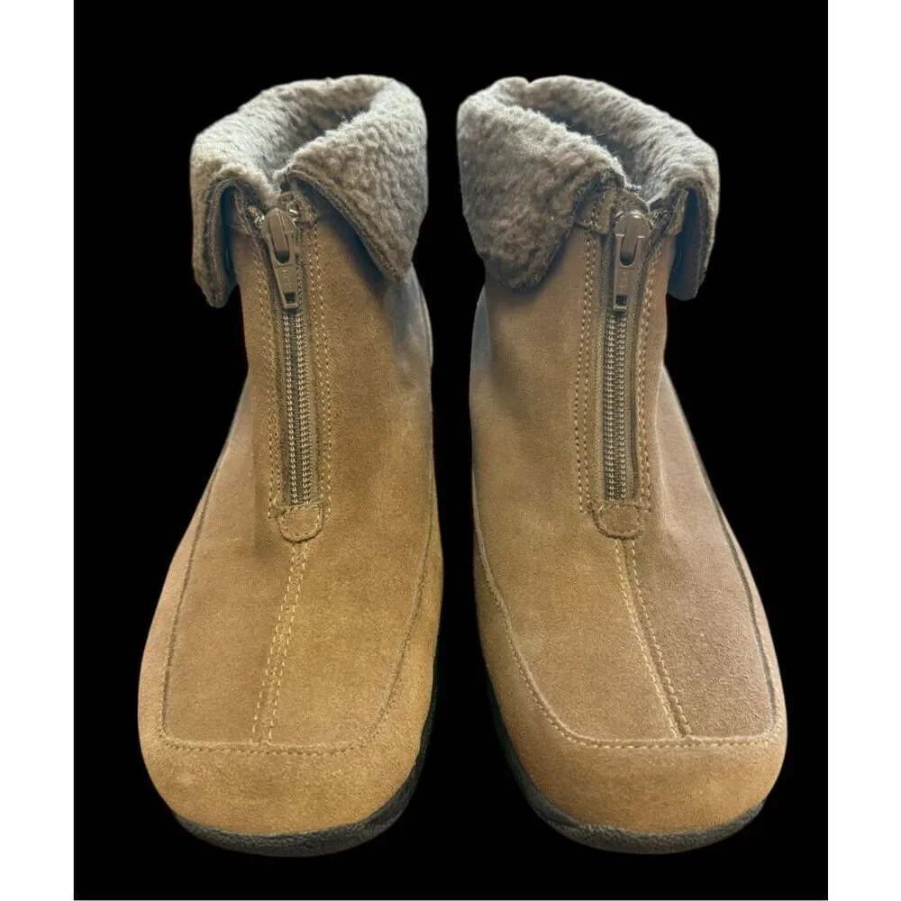 Dr. Scholl’s Tan Suede Demi Boot Sz. 9.5. Top Zip Fleece Lined Comfort